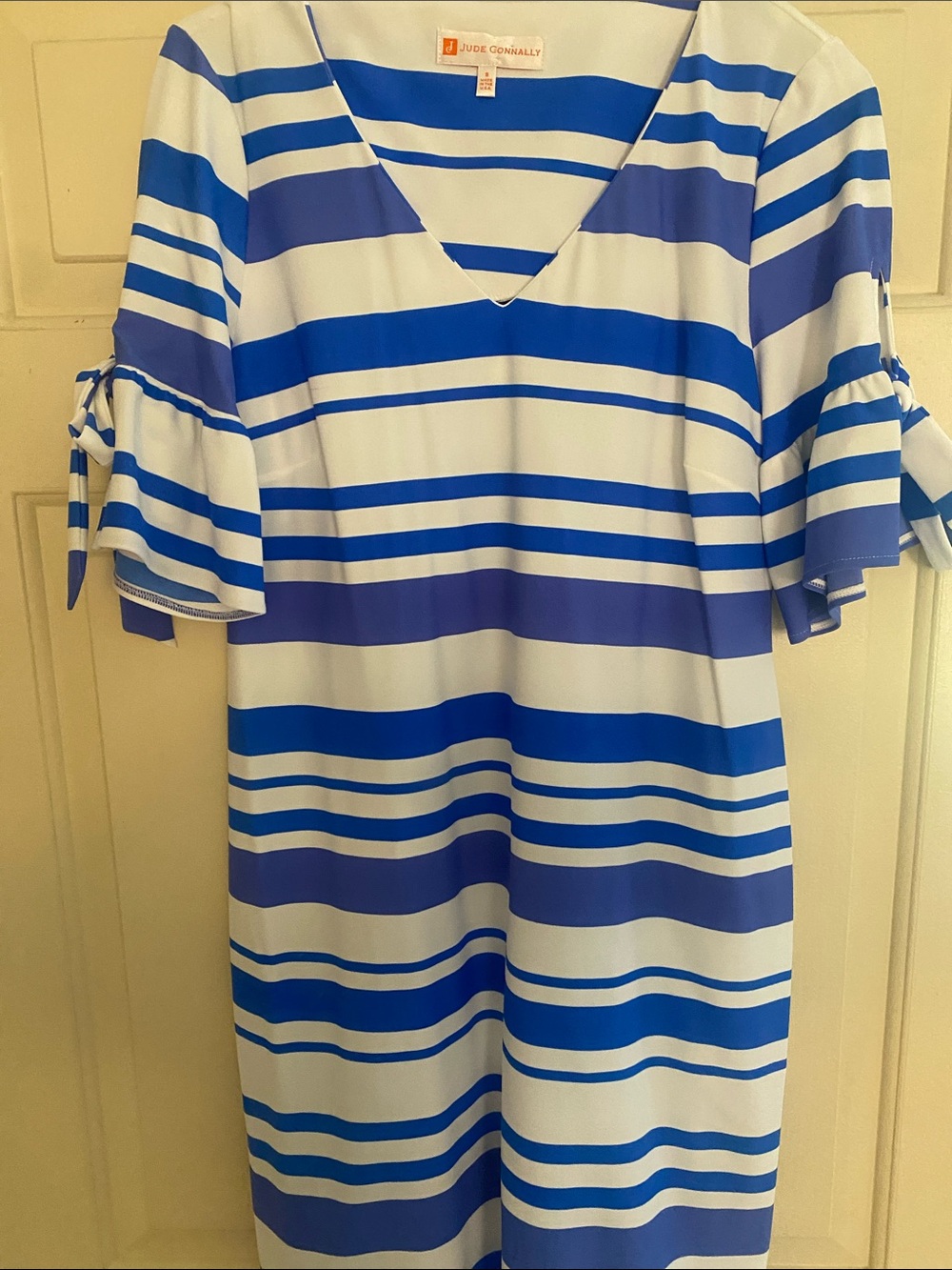 Jude Connally Blue and White Striped V-Neck Dress